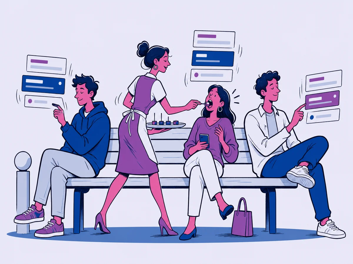Illustrazione per "Meta Ads per PMI: guida per iniziare su Facebook e Instagram": una promoter con un vassoio di assaggini si muove tra persone sedute su una panchina del parco, intente a scorrere pigramente riquadri sospesi fatti di barre astratte.