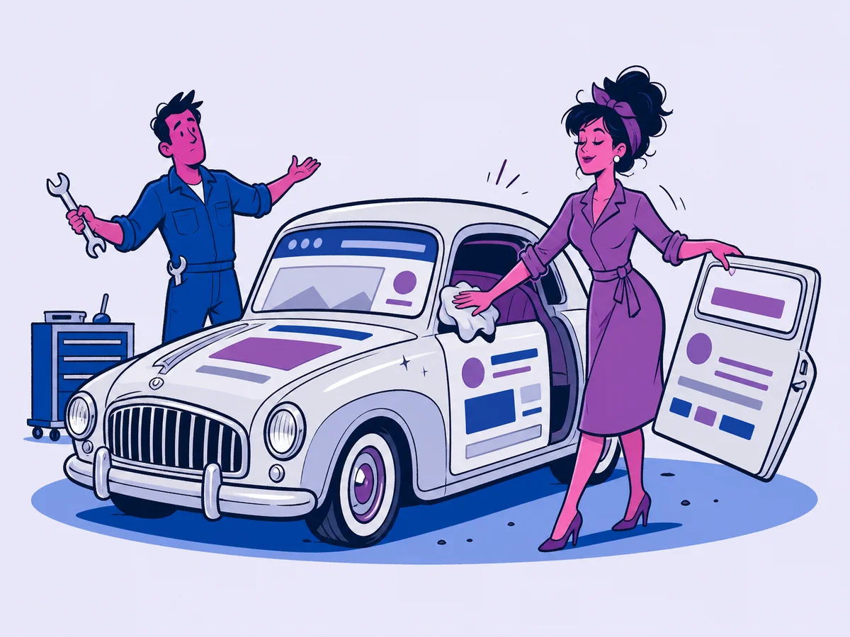 Illustrazione per "Quando rifare un sito web: 7 segnali da non ignorare": una proprietaria lucida con lo straccio la carrozzeria di un'automobile d'epoca a forma di sito, ferma al centro della scena.