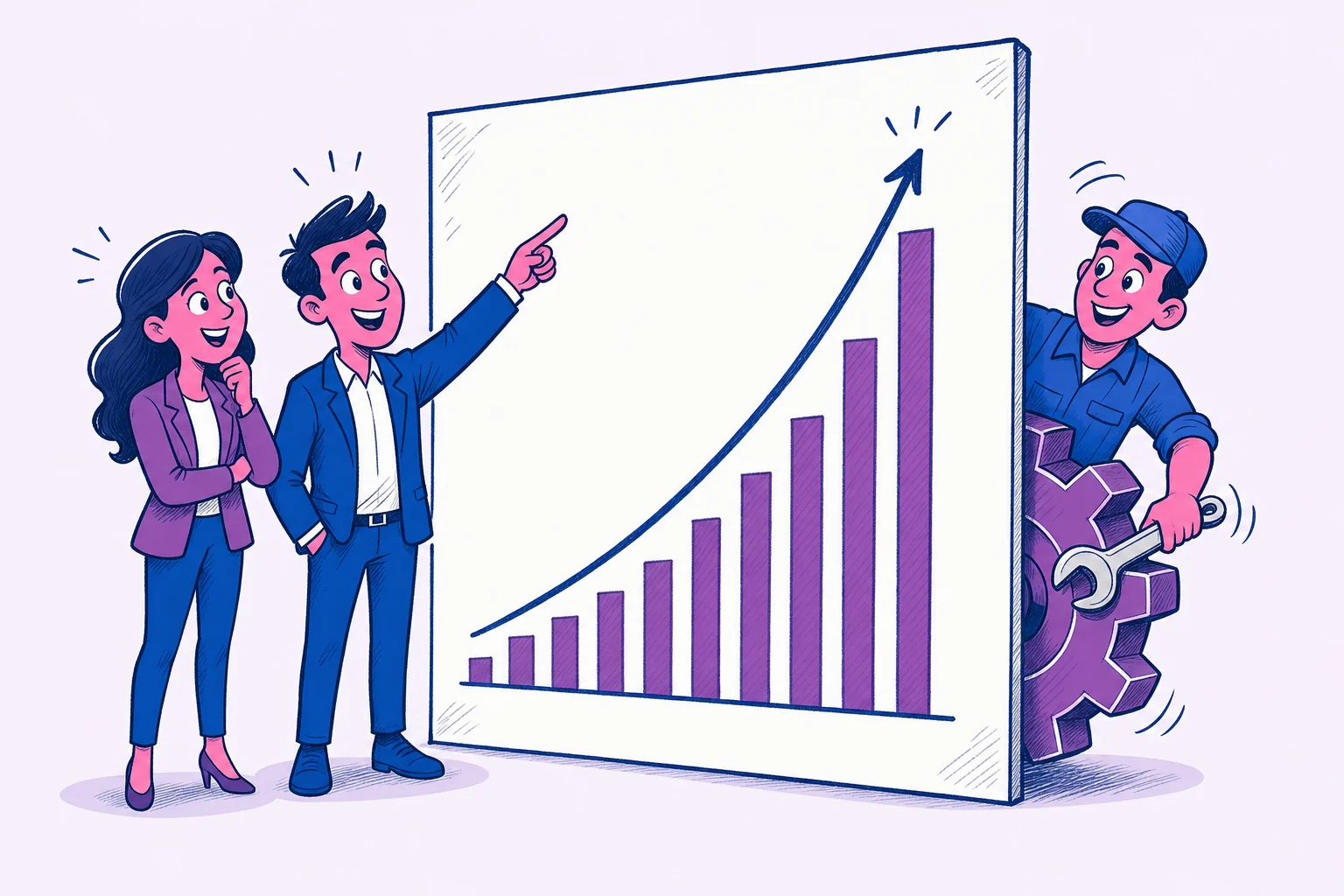 Illustrazione: due persone leggono un pannello con grafici in crescita mentre sul retro un tecnico con una chiave inglese ne controlla gli ingranaggi